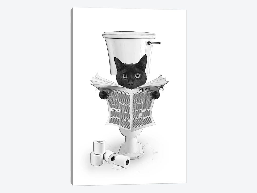 Black Cat Reading The Newspaper On The Toilet by Printable Lisa's Pets 1-piece Canvas Art Print