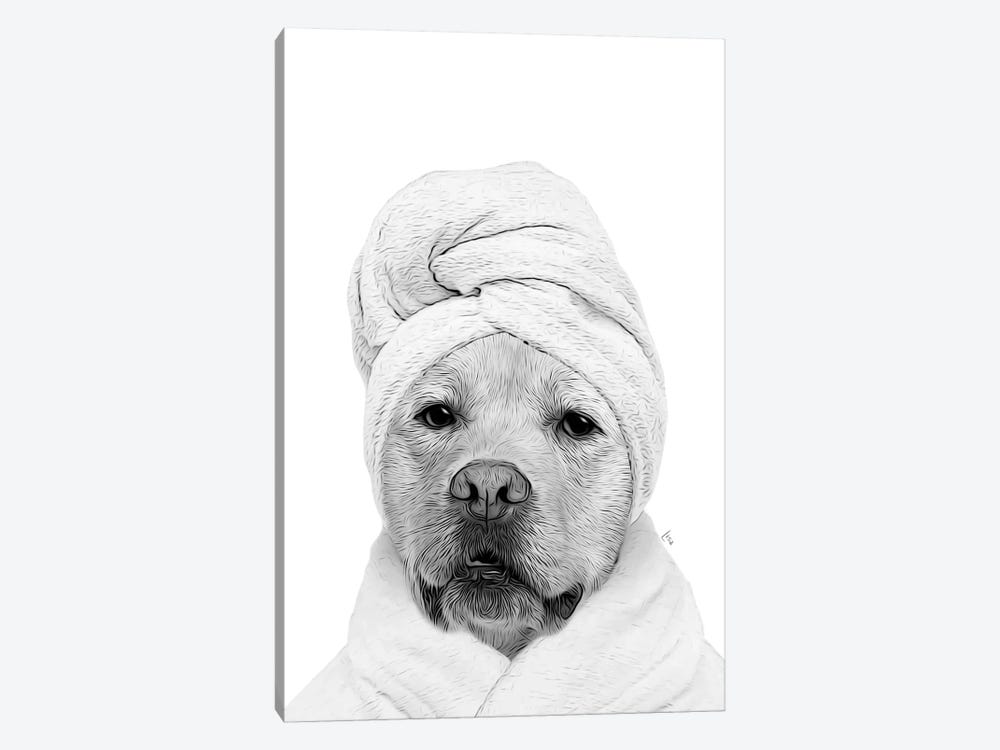 Labrador Dog With Bathrobe And Towel Black And White Bathroom Decoration by Printable Lisa's Pets 1-piece Canvas Print