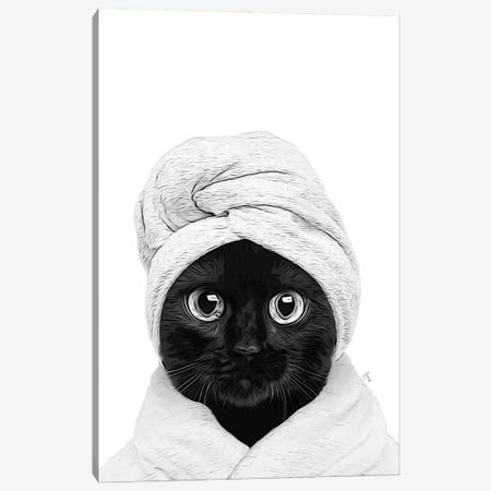 Black Cat With Bathrobe And Towel Black And White Bathroom Decoration Canvas Print #LIP711} by Printable Lisa's Pets Canvas Wall Art