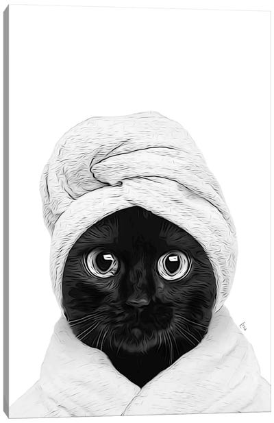 Black Cat With Bathrobe And Towel Black And White Bathroom Decoration Canvas Art Print - Printable Lisa's Pets