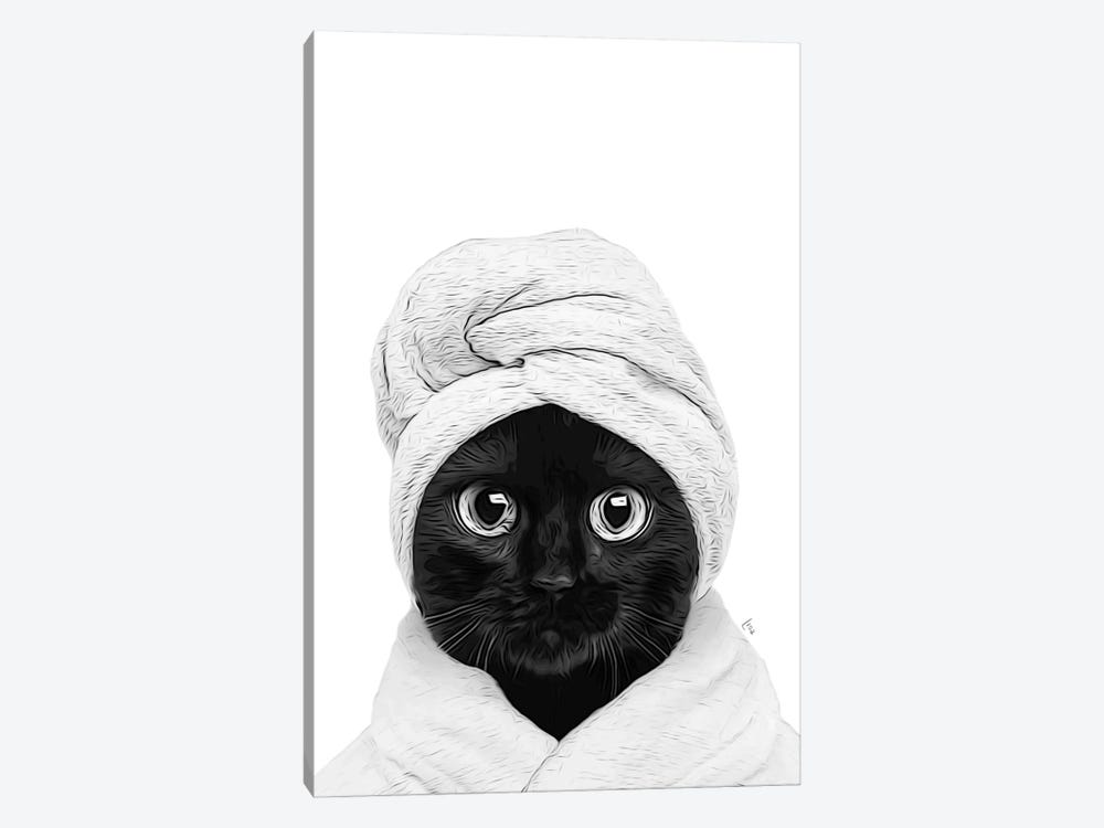 Black Cat With Bathrobe And Towel Black And White Bathroom Decoration by Printable Lisa's Pets 1-piece Canvas Art