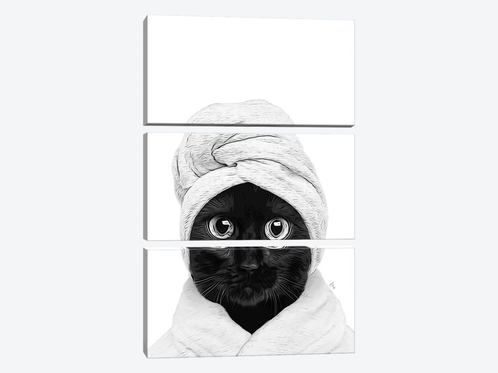 Black Cat With Bathrobe And Towel Black And White Bathroom Decoration by Printable Lisa's Pets 3-piece Canvas Artwork