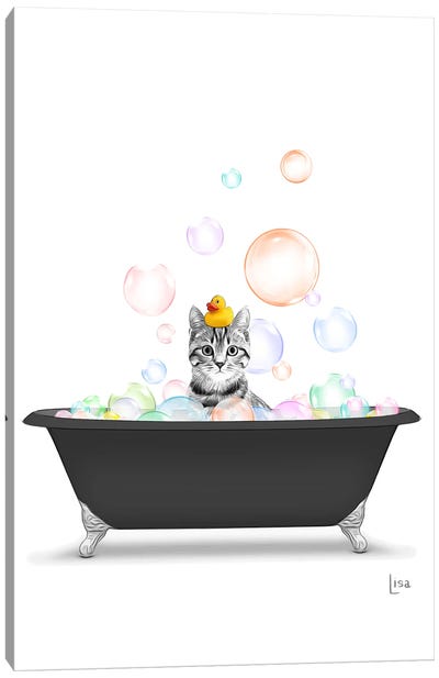 Cat Bathing In The Black Tub With Rainbow Bubbles Canvas Art Print - Printable Lisa's Pets
