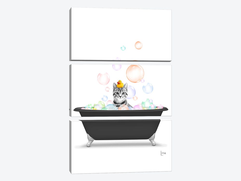 Cat Bathing In The Black Tub With Rainbow Bubbles by Printable Lisa's Pets 3-piece Canvas Art Print