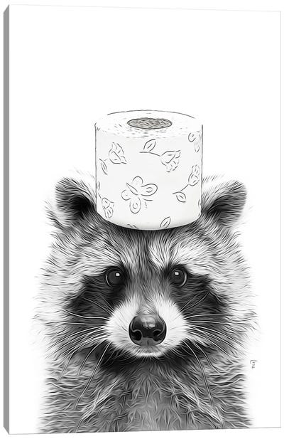 Raccoon With Toilet Paper On The Head Canvas Art Print - Raccoon Art