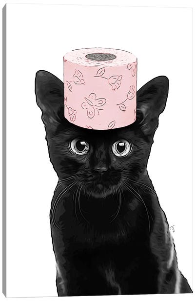 Cat With Pink Toilet Paper On His Head Canvas Art Print - Printable Lisa's Pets