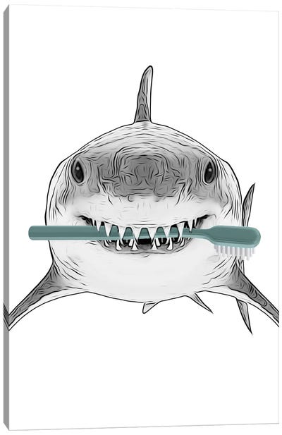 Shark With Turquoise Toothbrush Canvas Art Print - Black, White & Blue Art