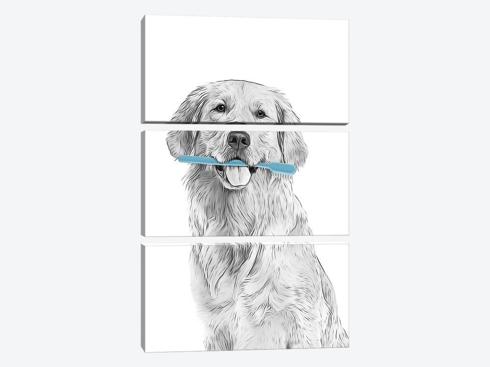 Golden Retriever With Blue Toothbrush by Printable Lisa's Pets 3-piece Art Print