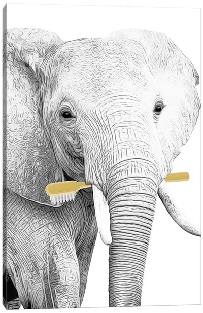 Elephant Retriever With Yellow Toothbrush Canvas Art Print - Black, White & Yellow Art