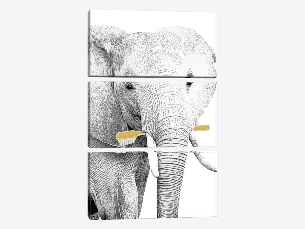 Elephant Retriever With Yellow Toothbrush by Printable Lisa's Pets 3-piece Canvas Wall Art