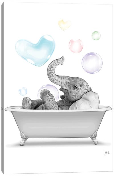 Elephant In The Bath With Bubbles Canvas Art Print - Printable Lisa's Pets