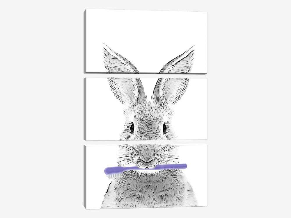 Bunny Retriever With Violet Toothbrush by Printable Lisa's Pets 3-piece Canvas Wall Art