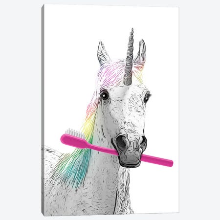Unicorn With Pink Toothbrush Canvas Print #LIP724} by Printable Lisa's Pets Canvas Wall Art