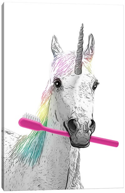 Unicorn With Pink Toothbrush Canvas Art Print - Unicorn Art