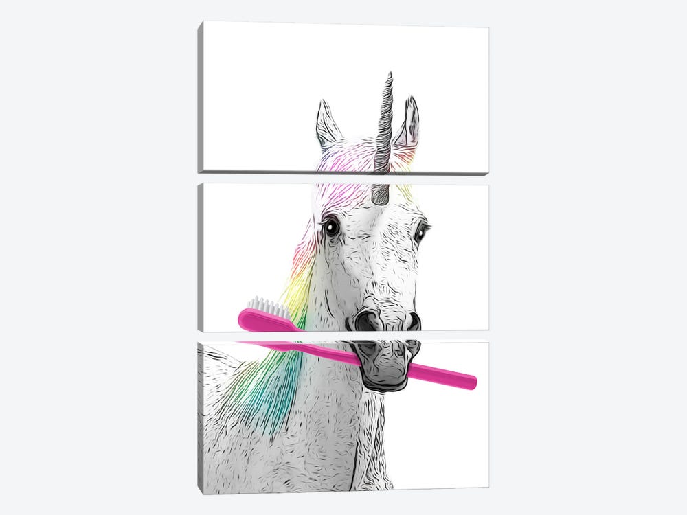Unicorn With Pink Toothbrush by Printable Lisa's Pets 3-piece Canvas Wall Art