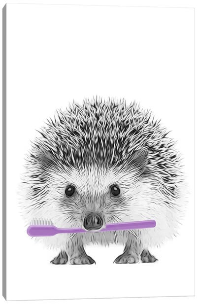 Hedgehog With Purple Toothbrush Canvas Art Print - Bathroom Humor Art
