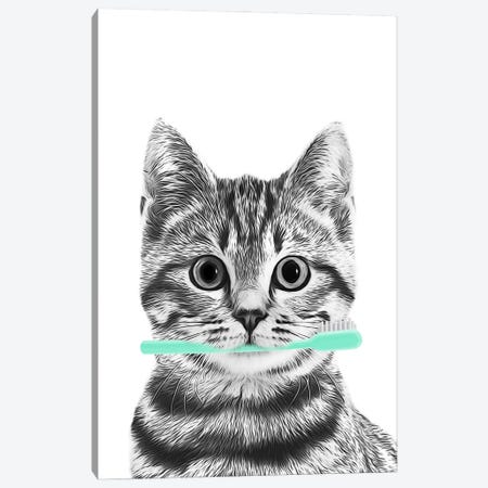 Cat With Toothbrush Aqua Color Canvas Print #LIP726} by Printable Lisa's Pets Canvas Art
