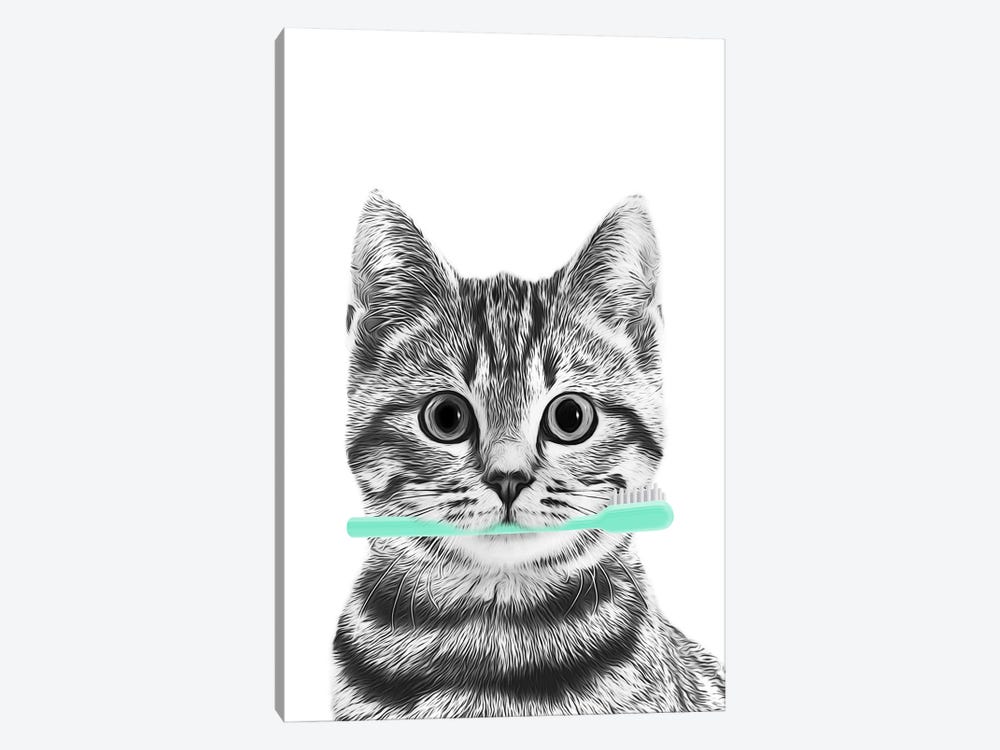 Cat With Toothbrush Aqua Color by Printable Lisa's Pets 1-piece Canvas Wall Art