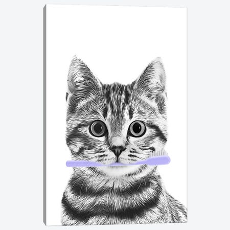Cat With Lavender Toothbrush Canvas Print #LIP727} by Printable Lisa's Pets Canvas Wall Art