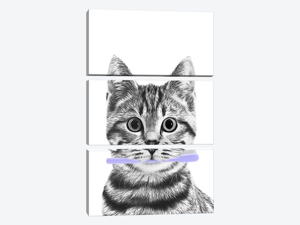 Cat With Lavender Toothbrush by Printable Lisa's Pets 3-piece Canvas Art Print