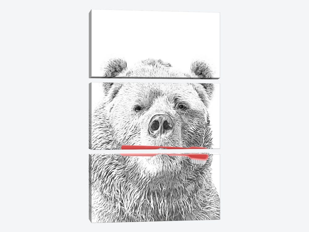Bear With Red Toothbrush by Printable Lisa's Pets 3-piece Canvas Print