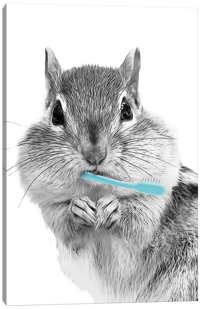 Chipmunk With Blue Toothbrush Canvas Art Print - Black, White & Blue Art