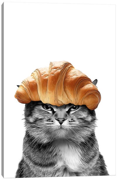Cute Cat With Croissant On Head Canvas Art Print - Bread Art
