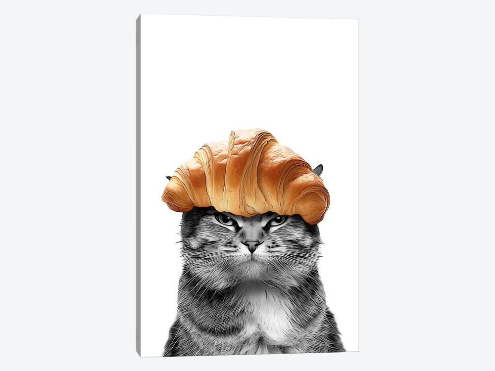 Cute Cat With Croissant On Head by Printable Lisa's Pets 1-piece Canvas Artwork