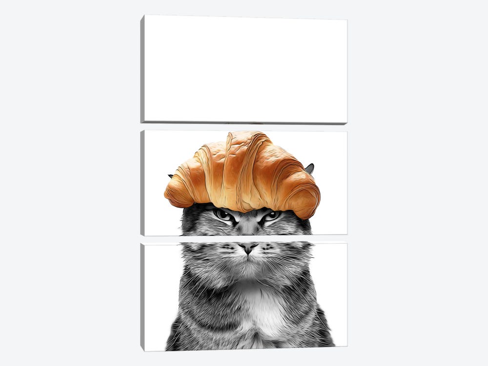 Cute Cat With Croissant On Head by Printable Lisa's Pets 3-piece Canvas Art