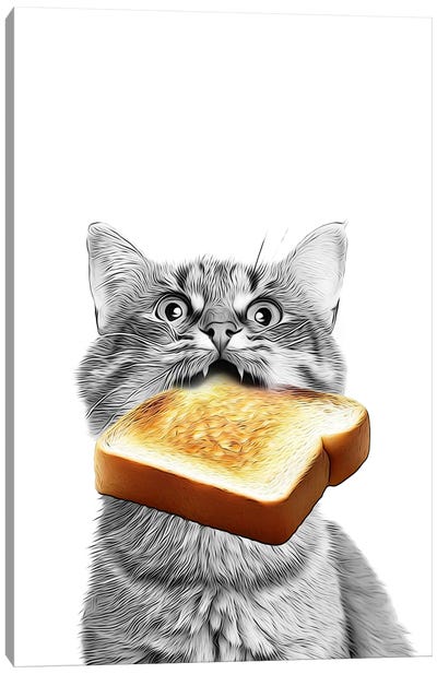 Cute Cat Eating Toast Canvas Art Print - Bread Art