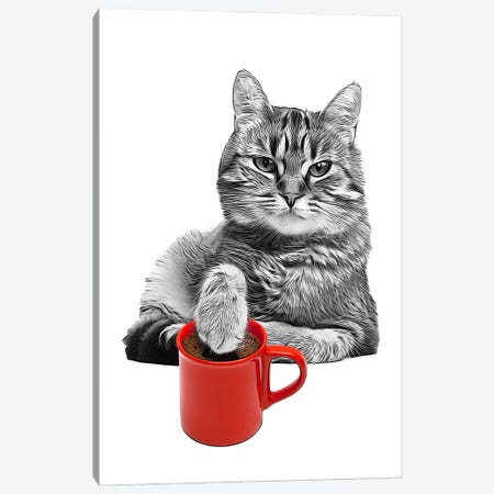 Cute Cat Putting A Paw Into The Red Coffee Cup Canvas Print #LIP733} by Printable Lisa's Pets Canvas Wall Art