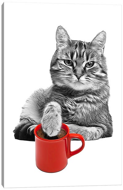 Cute Cat Putting A Paw Into The Red Coffee Cup Canvas Art Print - Coffee Art