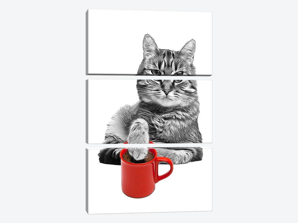 Cute Cat Putting A Paw Into The Red Coffee Cup by Printable Lisa's Pets 3-piece Canvas Artwork