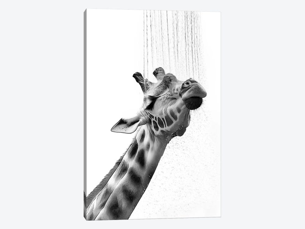 Cute Giraffe Taking A Shower, Black And White by Printable Lisa's Pets 1-piece Canvas Art Print