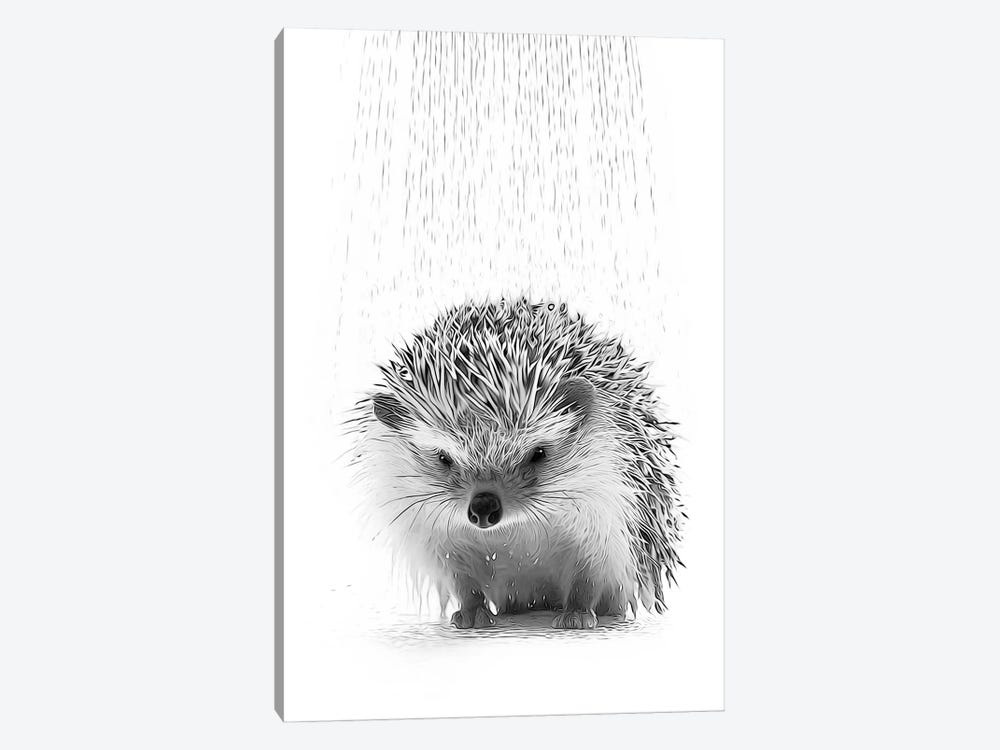 Cute Hedgehog Taking A Shower, Black And White by Printable Lisa's Pets 1-piece Canvas Print