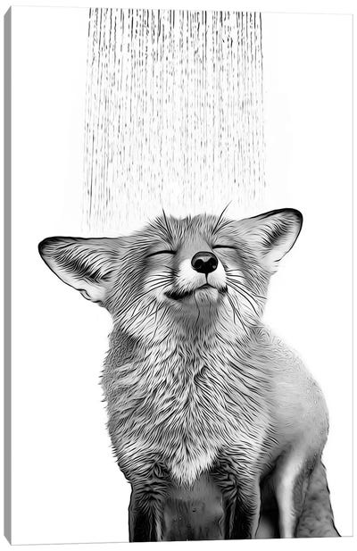 Cute Fox Taking A Shower, Black And White Canvas Art Print - Printable Lisa's Pets