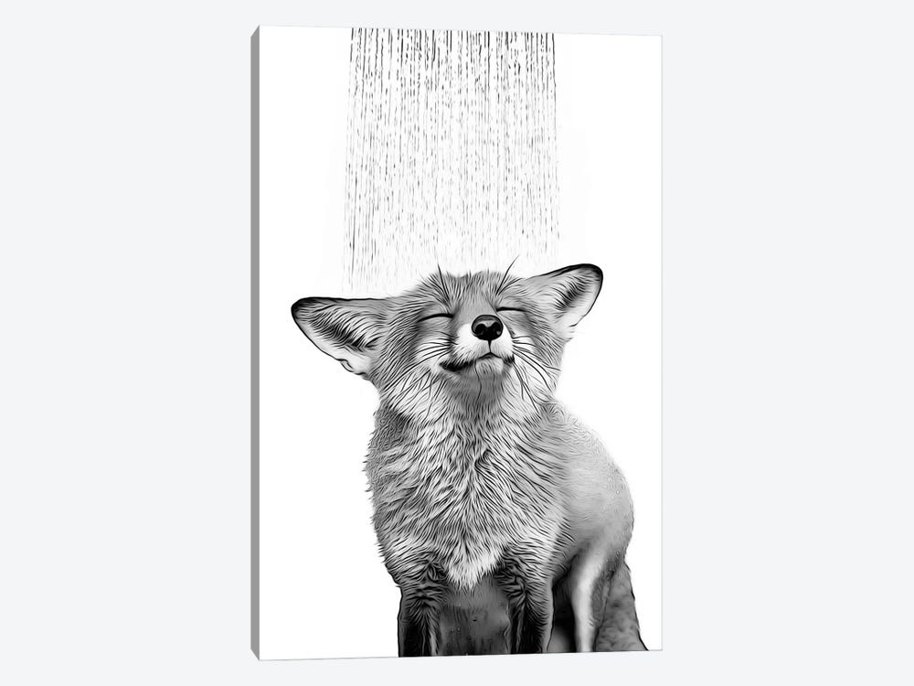 Cute Fox Taking A Shower, Black And White by Printable Lisa's Pets 1-piece Canvas Artwork