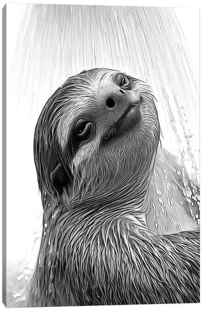 Cute Sloth Taking A Shower, Black And White Canvas Art Print - Sloth Art