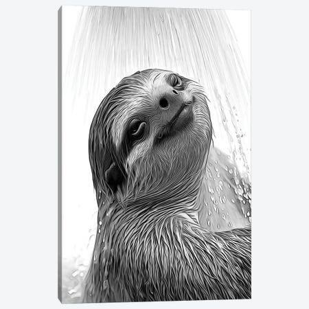 Cute Sloth Taking A Shower, Black And White Canvas Print #LIP738} by Printable Lisa's Pets Canvas Artwork