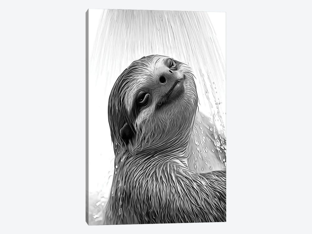 Cute Sloth Taking A Shower, Black And White by Printable Lisa's Pets 1-piece Canvas Art Print