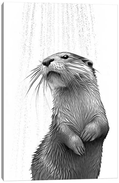 Cute Otter Taking A Shower, Black And White Canvas Art Print - Otter Art