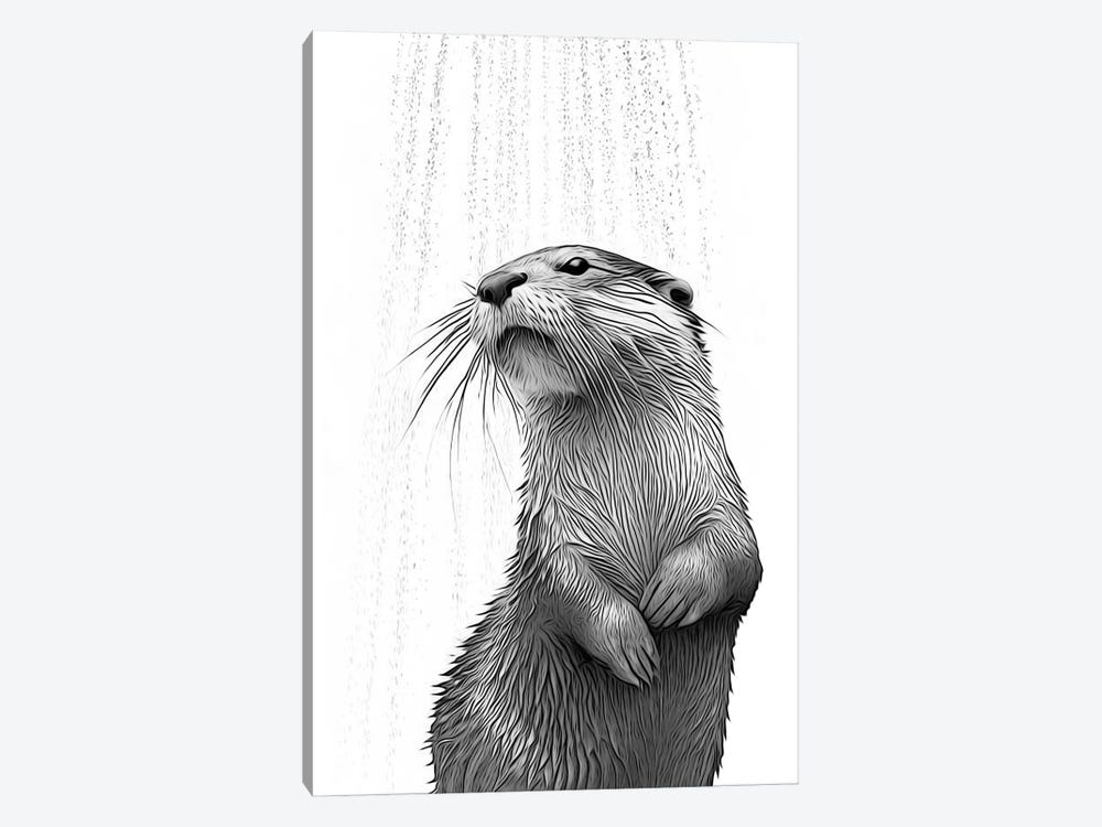 Cute Otter Taking A Shower, Black And White by Printable Lisa's Pets 1-piece Canvas Wall Art