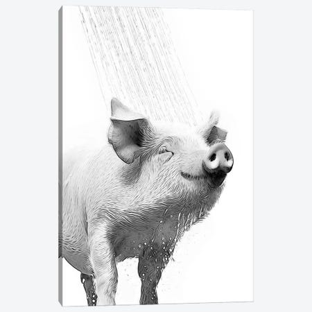 Cute Pig Taking A Shower, Black And White Canvas Print #LIP747} by Printable Lisa's Pets Canvas Artwork