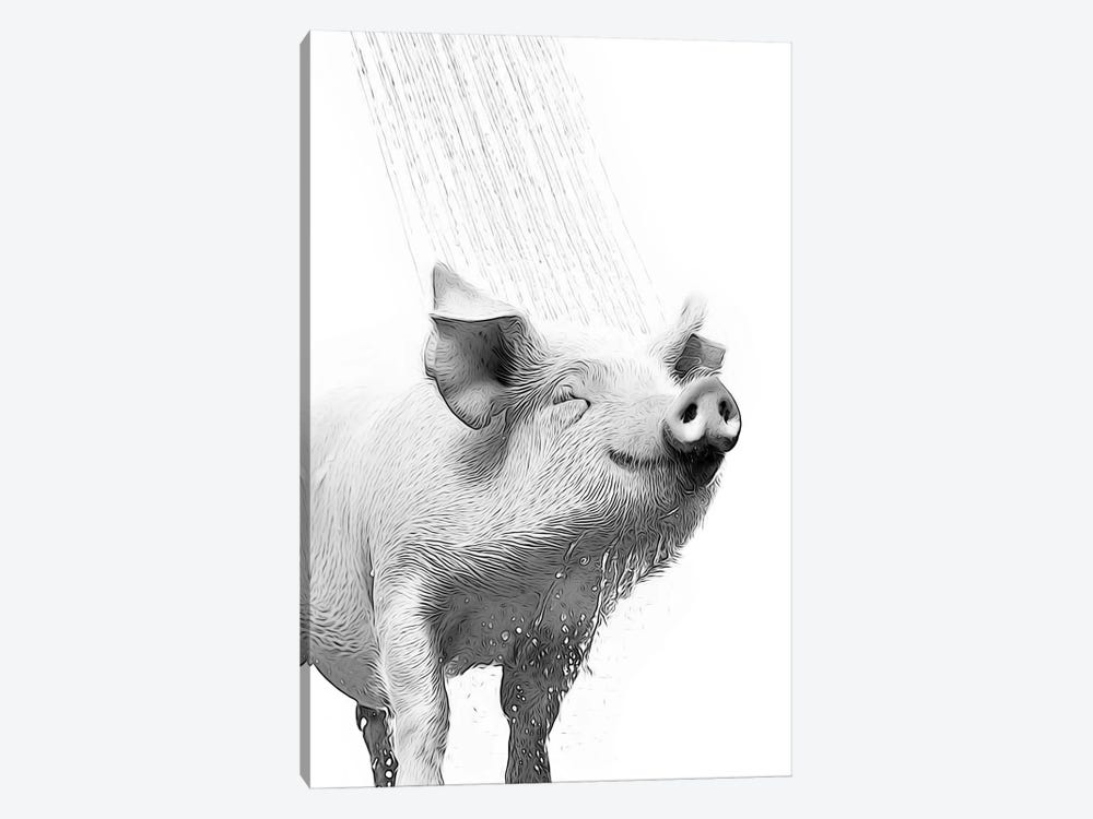Cute Pig Taking A Shower, Black And White by Printable Lisa's Pets 1-piece Canvas Print