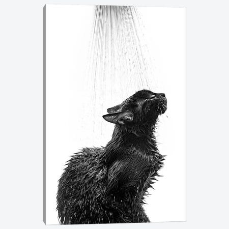 Cute Black Cat Taking A Shower, Black And White Canvas Print #LIP748} by Printable Lisa's Pets Art Print