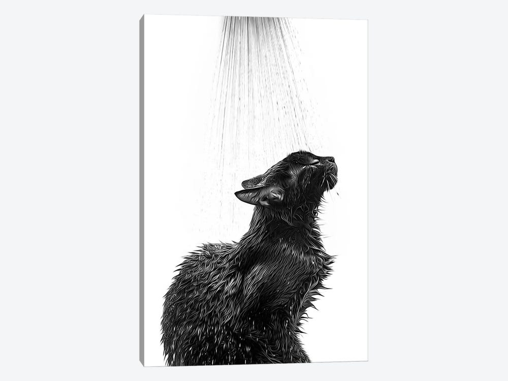 Cute Black Cat Taking A Shower, Black And White by Printable Lisa's Pets 1-piece Canvas Wall Art