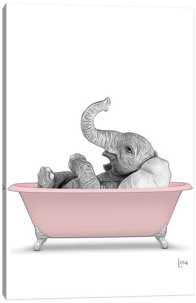 Elephant In The Pink Bath Canvas Art Print - Printable Lisa's Pets