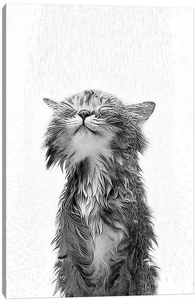 Cute Baby Cat Taking A Shower, Black And White Canvas Art Print - Kitten Art