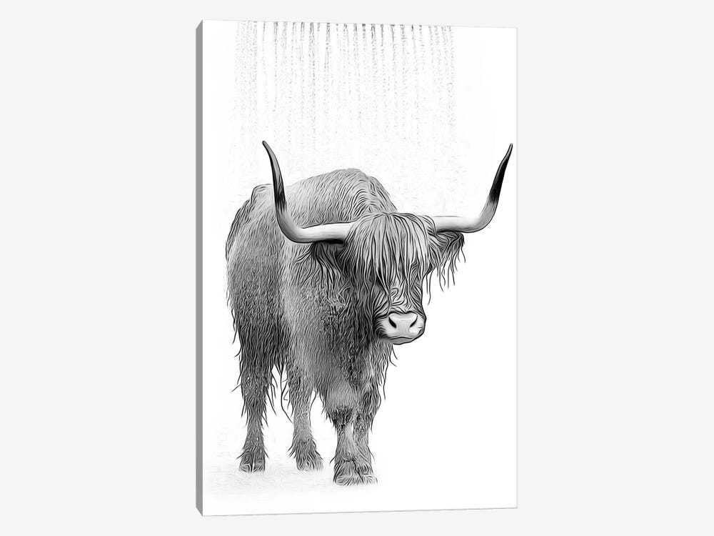Cute Highland Cow Taking A Shower, Black And White by Printable Lisa's Pets 1-piece Canvas Art