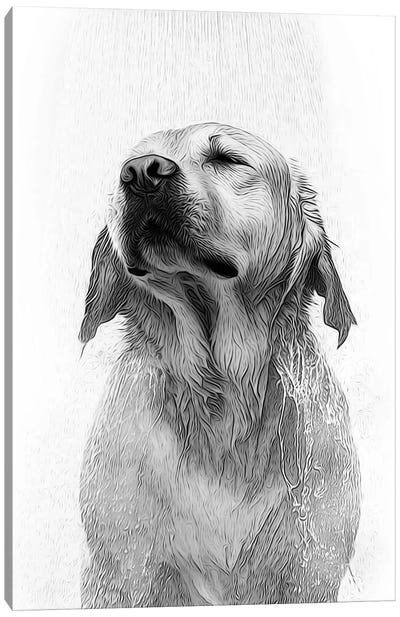 Cute Labrador Dog Taking A Shower, Black And White Canvas Art Print - Printable Lisa's Pets